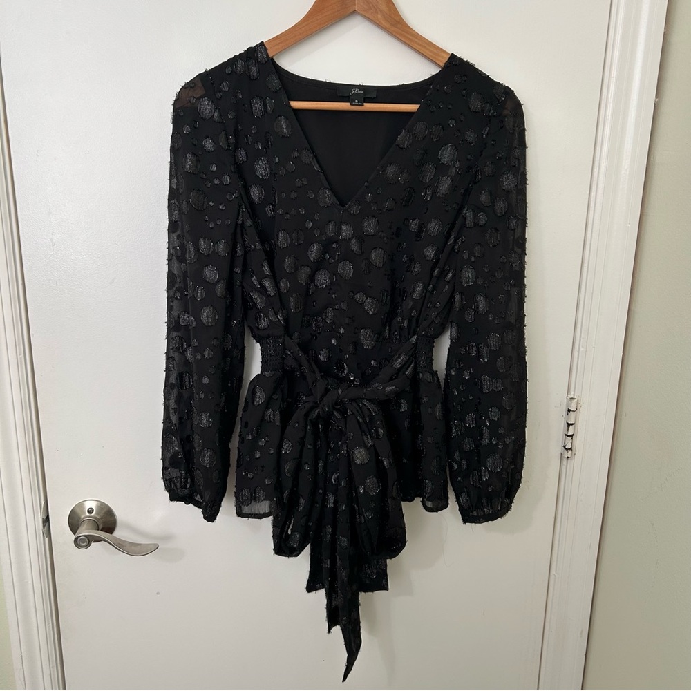 J. Crew | Women’s Black Tie-Waist V-Neck Top Metallic Dot Jacquard | Size Small
